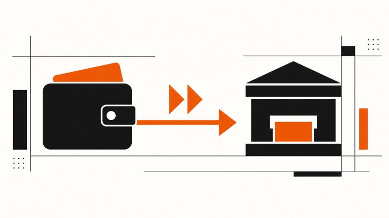 Symbolgrafik einer Zahlungsüberweisung mit Uhrensymbol als Sinnbild für Auszahlungsdauer