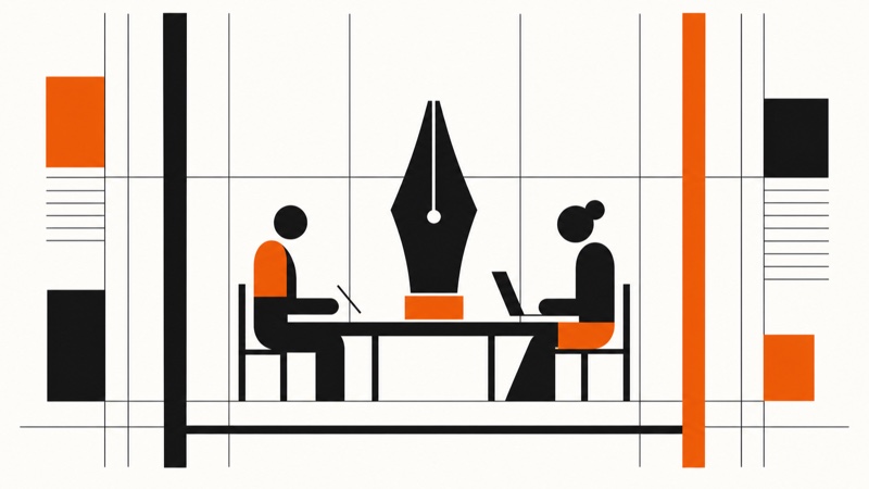 Symbolgrafik zweier Personen an einem Schreibtisch als Sinnbild für Redaktion und fachliche Prüfung