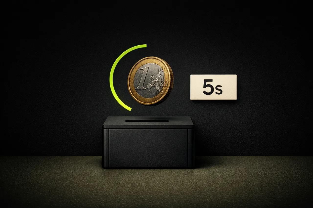 Ein-Euro-Münze über einem Slot-Automaten mit sichtbarem 5-Sekunden-Timer, Darstellung der deutschen Einsatzlimit-Regelung